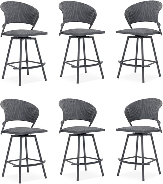 VICLLAX Patio Bar Stool Chairs with Footrests and Padded Seat, Bar Height Swivel Patio Chairs Set of 6, Woven Wicker Swivel Bar Stools for Lawn Garden, Grey