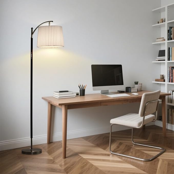 Floor Lamp, LED Floor Lamp with APP & Remote & Touch Control, Stepless Color Temperatures and Brightness, Tall Standing Lamp with Pleated Lampshade for Living Room, Bedroom, Office(Black Gold)