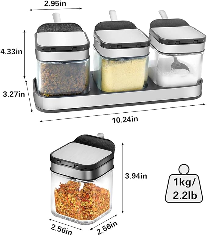 XIUDI Condiment Seal Jar Spice Container with Lids and Spoons,Clear Glass Condiment Canisters Pots Seasoning Box Salt Container Sugar Bowl Set of .Used in Kitchen, Coffee Table,Set of 3