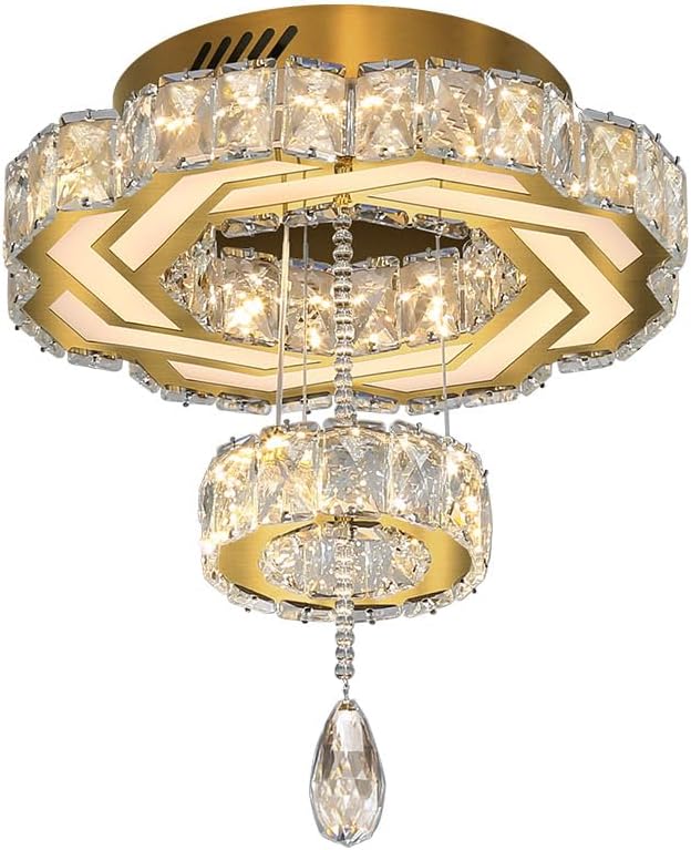 Flashing God Small Crystal Chandeliers Dia 12" Gold Chandelier Flush Mount Ceiling Light for Bedroom Living Room Dining Room Hallway Dimmable 3 Rings LED Celing Lighting Fixtures