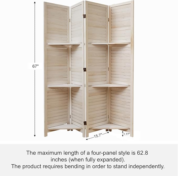 Room Divider with Shelves, 5.6 Ft Tall Folding Wood Screen with Double Hinges for Home Office Bedroom Hotel Decoration (4 Panels, White-Washed)