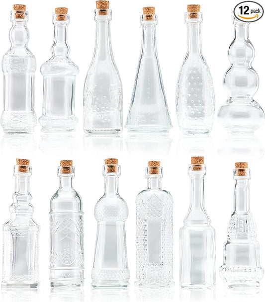 Small Mini Clear Vintage Glass Bottles with Corks, Mini Vases, Decorative, Potion, Assorted Design Set of 12 pcs, 4.6 Inch Tall (11.43cm), 1.4 Inch Wide (3.56cm)