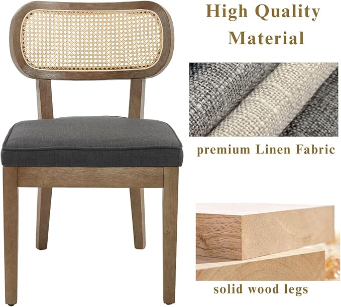 Rattan Dining Chairs Set of 2 Upholstered Linen Kitchen & Dining Room Chair with Curved Backrest Farmhouse Kitchen Chair Solid Wood Armless Side Chair for Dining Room/Restaurant, Black