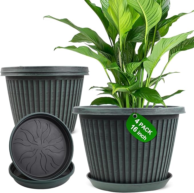 Large-Planter-Indoor-Outdoor Plant Pots, 16 inch 4 Pack Plastic Flower Pots with Saucer and Drainage Holes, Modern Garden Planters for Planting Medium Large Plants, Decorative Resin Garden Pots
