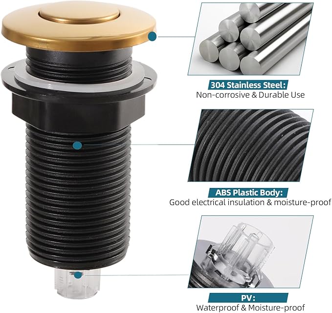 RQYEKDO Garbage Disposal 2.5" Air Switch Kitchen Sink Top Long Stainless Steel Polished Nickel Long for Food and Waste Disposal On/Off Air Button Parts Gold