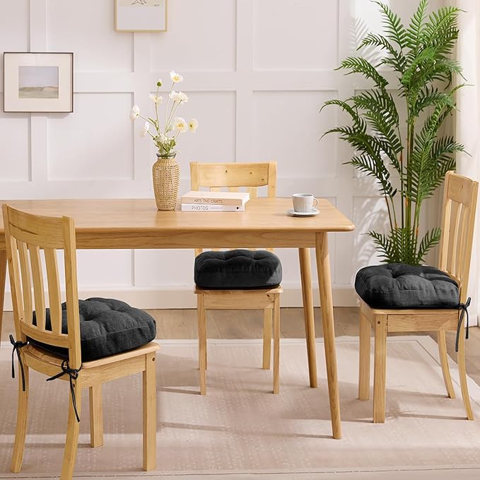 Chair Cushions for Dining Chairs, Dining Chair Cushions, Tufted Indoor Chair Pads with Ties & Non Slip Backing, Seat Cushions for Kitchen Chairs 16.5” x 16.5” x 3.5”, Set of 6, Black