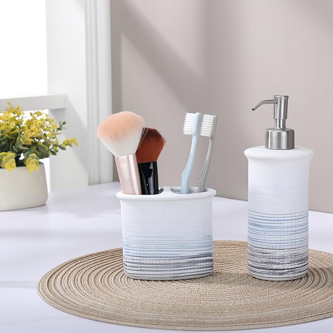 Toothbrush Holder Blue and White for Bathroom, Ceramic Bathroom Electric Toothbrush Organizer Countertop for Makeup Brush, Toothpaste, Razor, Vanity