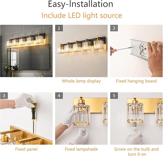 Modern Bathroom Vanity Light 5-Lights Black Gold Crystal Bathroom Wall Light Vanity Light Fixtures,36.22-inch Modern Minimalist Design