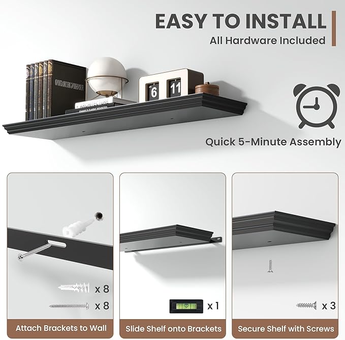 Floating Shelves for Wall, 36 Inch Long Wall Mounted Black Hanging Shelf for Kitchen, Living Room, Office, Bedroom, Bathroom, Retro Vintage Wood Bookshelf for House Decor