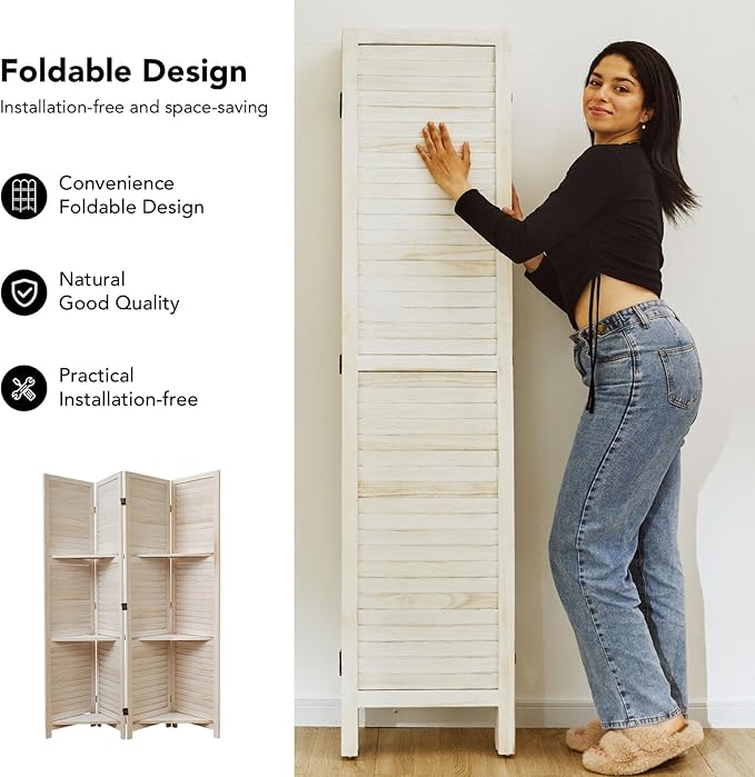 Room Divider with Shelves, 5.6 Ft Tall Folding Wood Screen with Double Hinges for Home Office Bedroom Hotel Decoration (4 Panels, White-Washed)