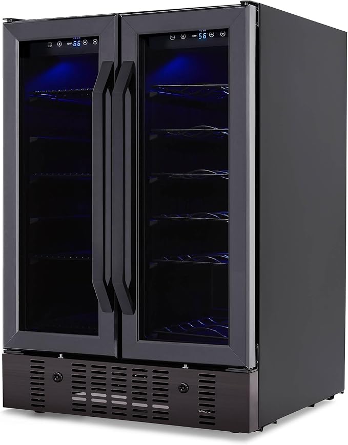 NewAir 24" Dual Zone Wine and Beverage Refrigerator, 18 Bottle & 58 Can, French Door Built-In Fridge with Lock, Black Stainless Steel Cooler, Digital Thermostat, Adjustable Shelves