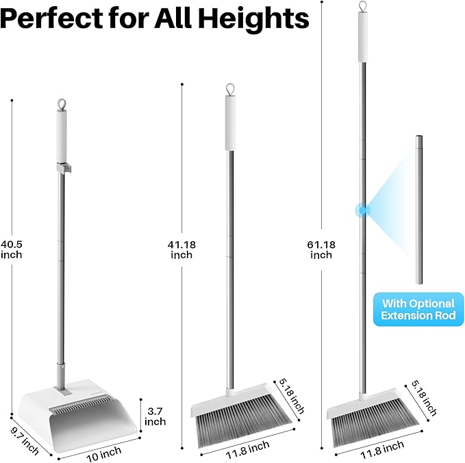 JOYMOOP 2 Pack Broom and Dustpan Set, Black and White Combo, Upright Angle with Built-in Comb Teeth for Pet Hair and Hard Floors