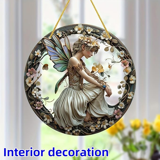 Flower Fairy Garden Decorations Angel Wing Christmas Halloween Deco Statue Art Elf Sculpture Hanging Craft for Outdoor Yard Courtyard Lawn Patio Window Acrylic Ornament Home Gift (B,L: 8*8 IN)