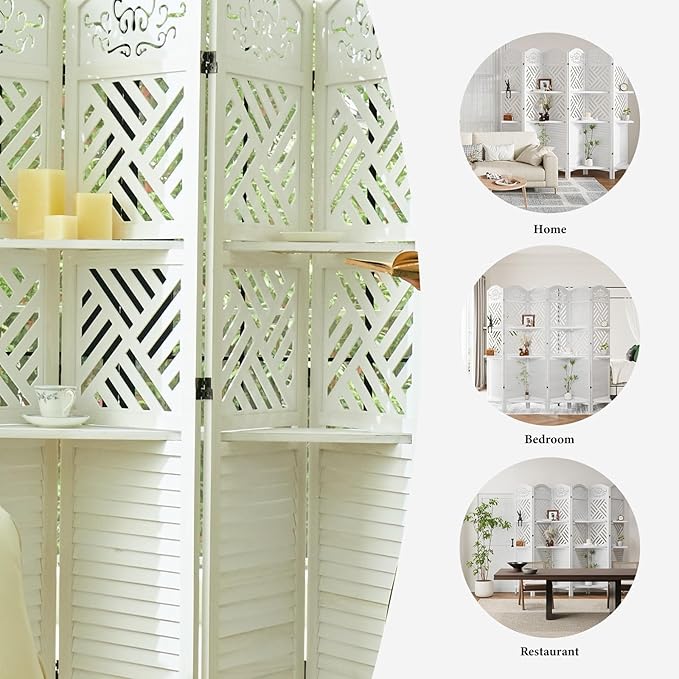 Room Divider with Shelves, 68.9inch Wood Carved and Louvered Wall Divider Freestanding, 4 Panels Folding Partition Screen for Bedroom Home Office (White)