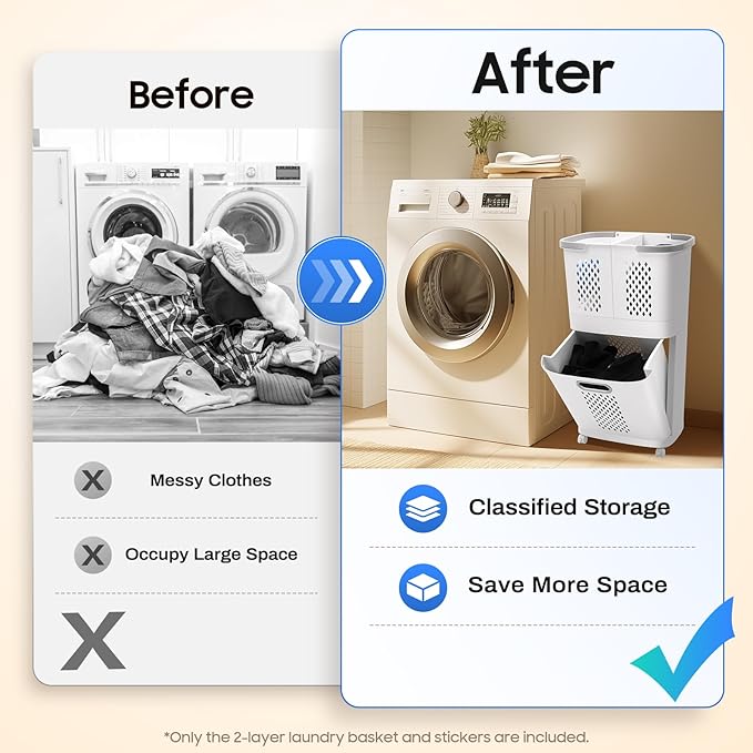 Movable Household Laundry Basket,2 Tier Laundry Hamper Basket Sorter with Wheels&Handle,Large Hand-Held Laundry Basket Clothes Storage Organizer for Bathrooms Bedrooms