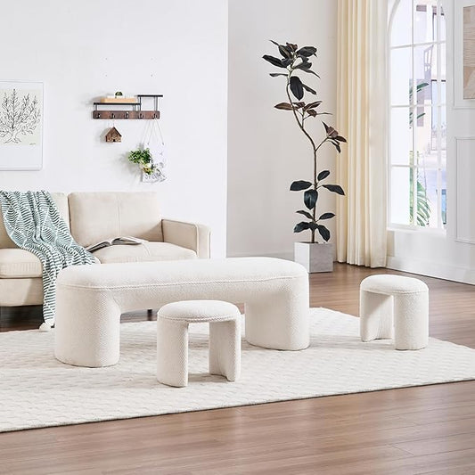 3-Piece 53" Comfy Upholstered Dining Bench with 2 Ottomans, Accent Waterfall Bench Modern End of Bed Entryway Bench Vanity Stool, White Chenille