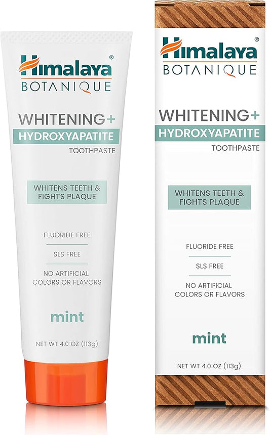 Himalaya Botanique Whitening + Hydroxyapatite Toothpaste for Whiter Teeth & Fresher Breath with Hydroxyapatite Support & Mint Flavor, Fluoride-Free, SLS Free, & Vegan, 4.0 oz (113g)…