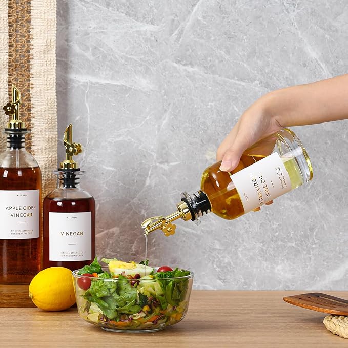 HOMCDALY Olive Oil Dispenser for Kitchen, 11.8oz Glass Dispenser Bottles with Pourer for Kitchen, Oil and Vinegar Dispensers Set, Leakproof Oil Bottle for Cooking| Set of 2 (11.8oz)