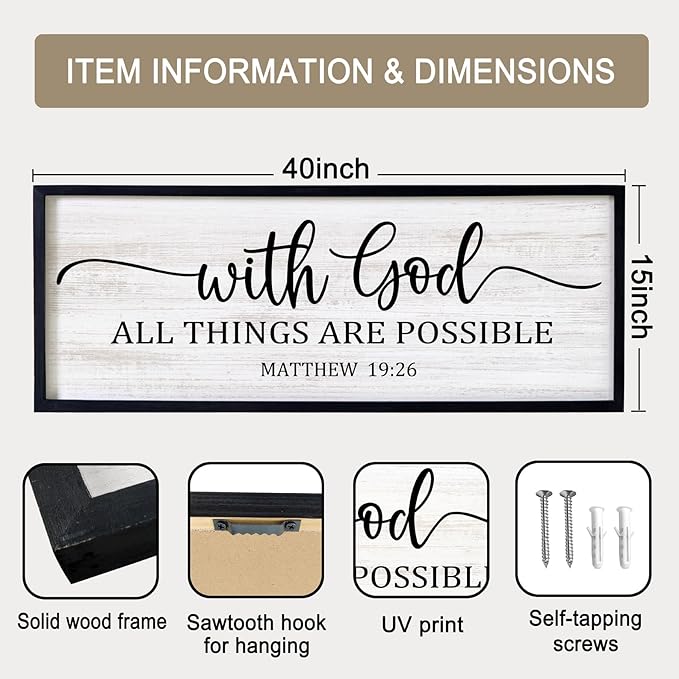 With God All Things are Possible Framed Wall Art, 40''×15'' Black Positive Religious Rustic Bible Verse for Christian God Jesus Christ Prayer, Holy Horizontal Inspirational Catholic Scripture Decor