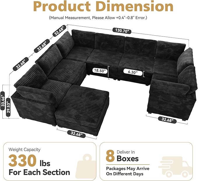 Modular Sectional Sofa with Chaise U Shaped Sectional Couch for Living Room, 8-Seater Comfy Cloud Couches with One Movable Ottoman, Plush Corduroy, Black