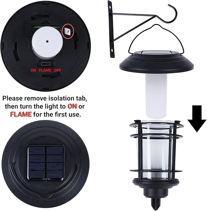 Dynaming 4 Pack Solar Flame Wall Lanterns Outdoor, Solar Powered Wall Mounted Sconce Lights, Flickering Flame LED Light Auto On/Off Hanging Lights, Waterproof for Garage Stair Patio Porch Yard
