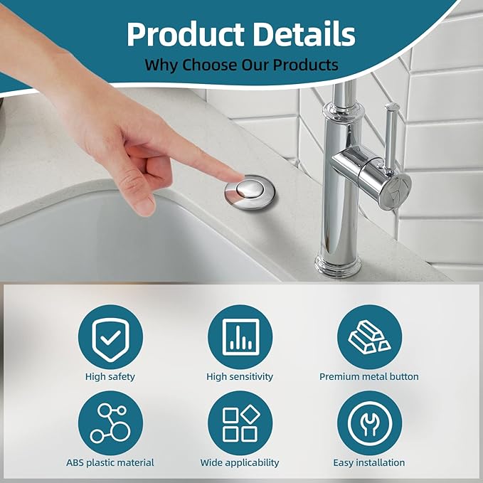 RQYEKDO Garbage Disposal Air Switch Kitchen Sink Top Long Stainless Steel Polished Nickel Long 2.5" for Food and Waste Disposal On/Off Air Button Parts Polished