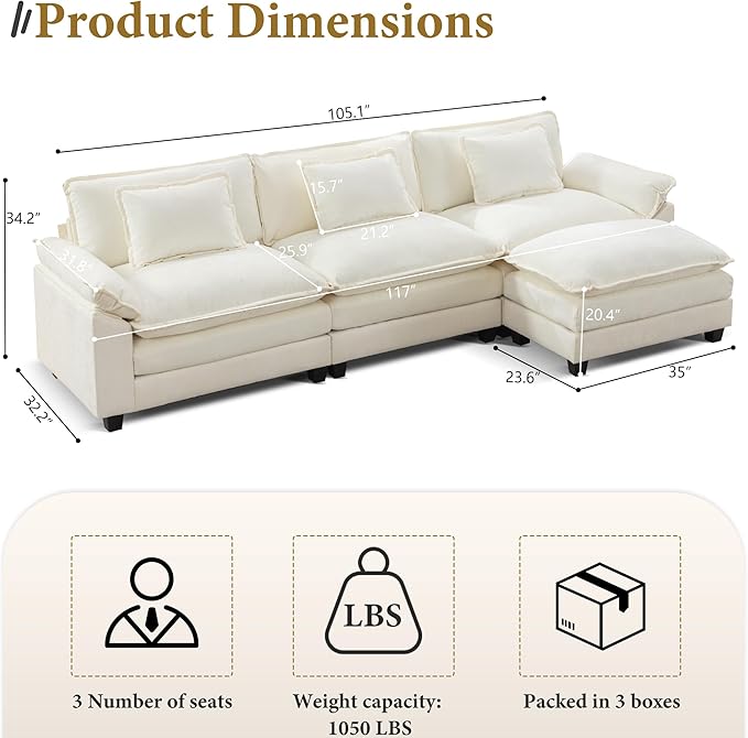 URRED Modular Sectional Sofa Comfy Cloud Couch, Modern Chenille Sofa Sleeper Deep Seat Couches with Ottoman/Pillows for Living Room (White, 117''- L Shape)