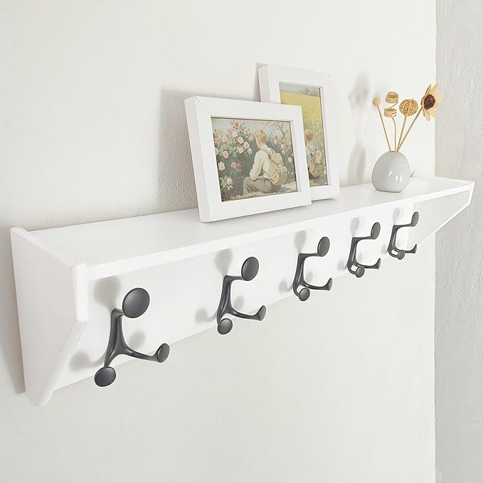 SKOLOO Wall Shelf with Hooks, 35-Inch White Coat Rack Wall Mount with Shelf Organizer - Lightweight & Sturdy, 5 Tri Hooks - Perfect for Entryway, Hallway, Living Room, Bedroom, Mudroom