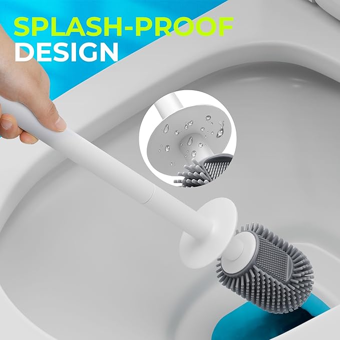 Silicone Toilet Brush and Holder Set with L-Shaped Brush Head, Wall Mounted Toilet Brush Set with Long Non-Slip Handles, Compact Toilet Bowl Cleaner Brush Suitable for RV Trailers & Bathroom (2 Pack)
