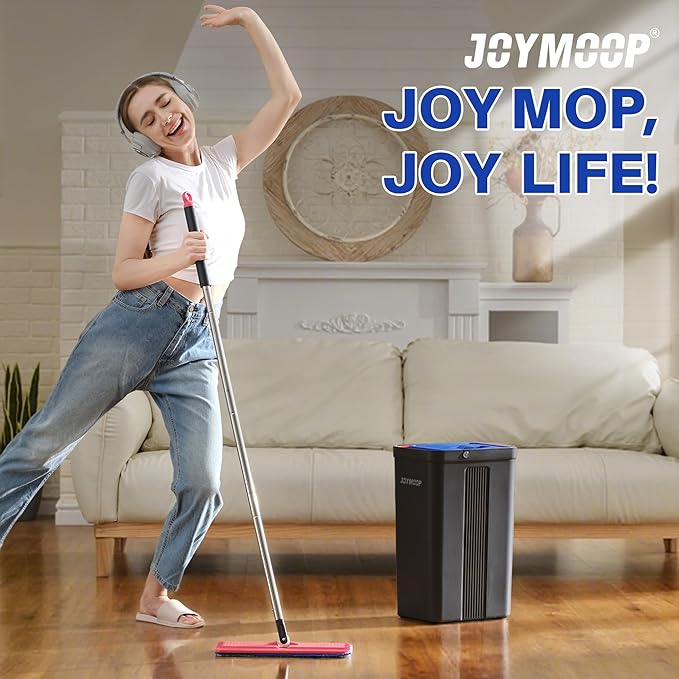 JOYMOOP Mop and Bucket with Wringer Set, Hands Free Flat Floor Mop and Bucket, with 6 Washable Microfiber Pads, Wet and Dry Use, Floor Cleaning System - Black+Red+Slate Blue