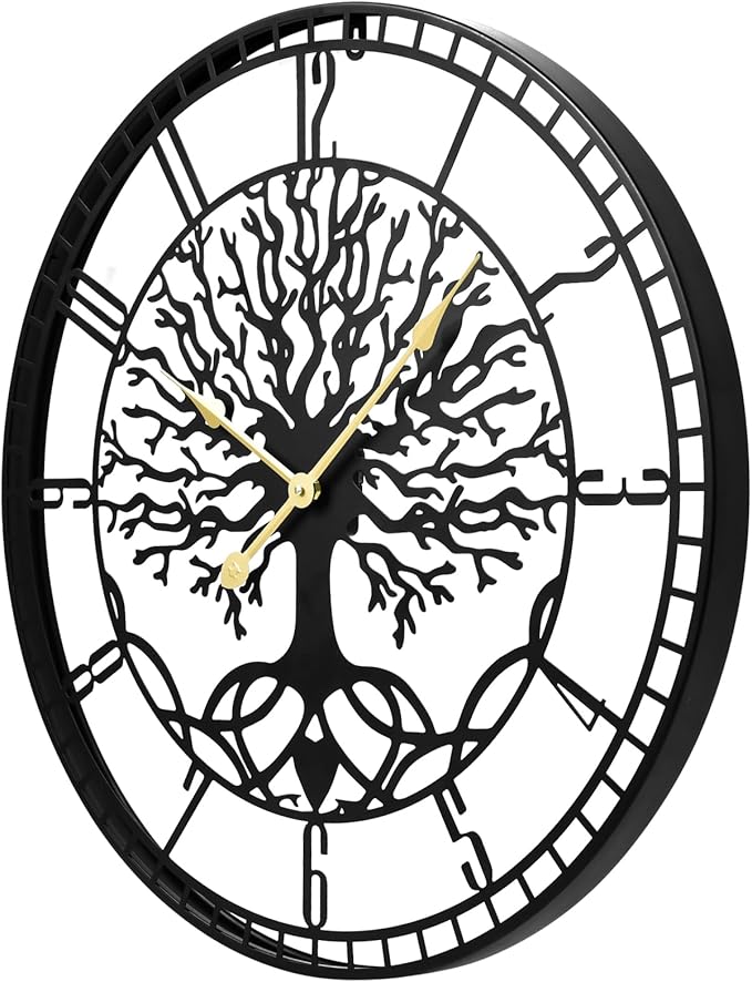 Tree of Life Wall Clock – Elegant 24-Inch Oversized Metal Farmhouse Decor for Living Room, Modern Battery Operated Wall Clock with Silent Operation