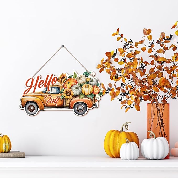 Hello Fall Wood Hanging Truck Decoration, Autumn Wooden Signs, Rustic Thanksgiving Decoration, Home Interior And Exterior Decor, Autumn Harvest Thanksgiving Home Decor