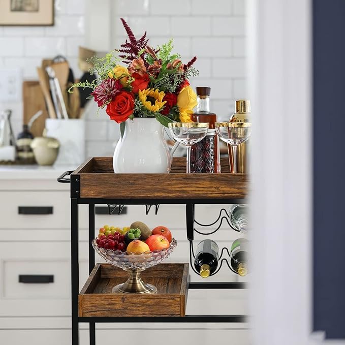 Vintage Bar Cart with Removable Tray and Wheels, Mobile Home Bar Serving Cart with Wine Rack, Glass Holder and Storage Shelves, 3-Tier Rolling Beverage Cart for Home or Patio