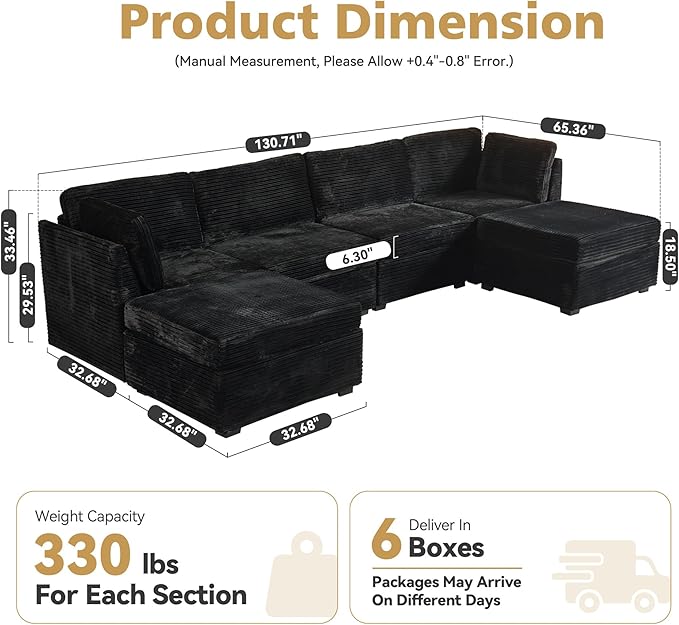Modular Sectional Sofa, 130.7 Inch U Shaped Couch Set for Living Room, 4-Seater Comfy Cloud Couches with Two Movable Ottoman, Plush Corduroy, Black