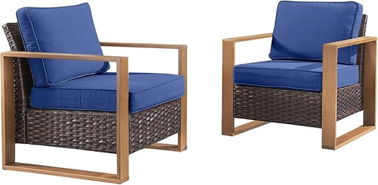 Wicker Outdoor Patio Chairs Set of 2, Rattan Patio Furniture Chairs with Sturdy Frame,All-Weather PE Wicker,Wide Armrest,Deep Seating and Thick Cushions for Deck Porch Garden(Brown/Blue)