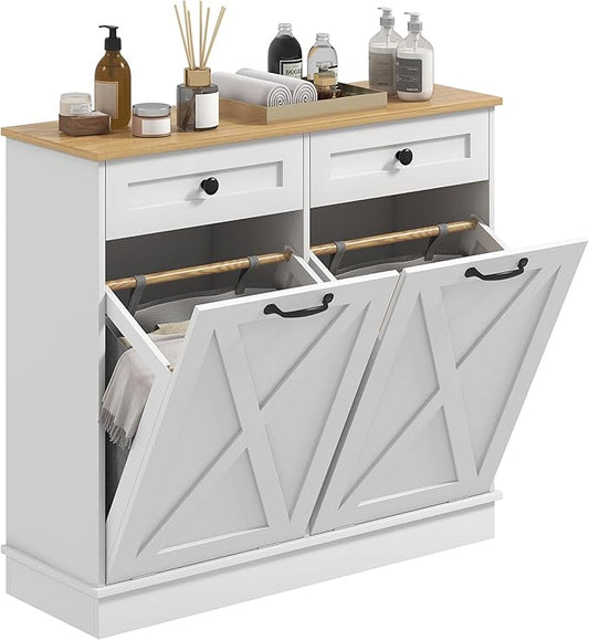 HOMCOM Tilt Out Laundry Hamper Cabinet with 2 Removable Baskets, Freestanding Bathroom Storage Cabinet with 2 Drawers, Trash Can Cabinet for Living Room, Laundry Room, White