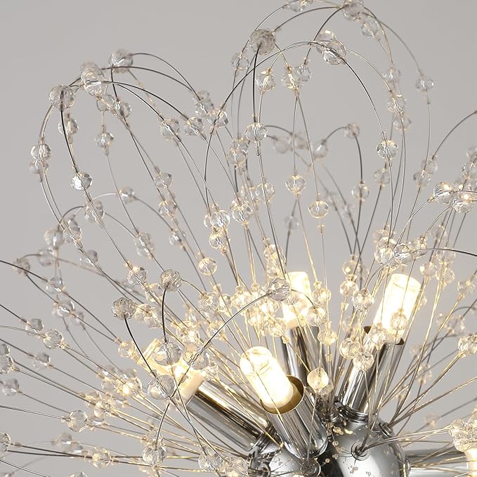Modern Small Chandeliers, Sputnik Sunflower Crystal Beaded Hanging Lamps, Round Chrome Dandelion Pendant Light for Kitchen Island Bathroom Bedroom Entryway (Chrome 8Lights)