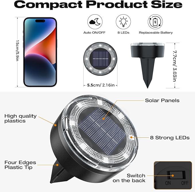Mini Outdoor Solar Lights,4 Pqck Solar Garden Lights for Outside IP65 Waterproof, 8 LED Disc Landscape Lighting for Garden Yard Driveway Walkway Poolside Deck Lawn Patio,Cold White