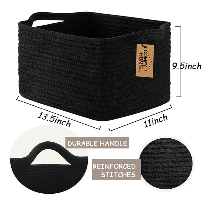 COMFY-HOMI 3PACK Cotton Rope Woven Basket With Handles for Shelves, Toy, Book, Cloth Storage Basket for Organizing|13.5" x 11" x 9.5" Decorative Nursery Cube Bin for Living Room(all Black)