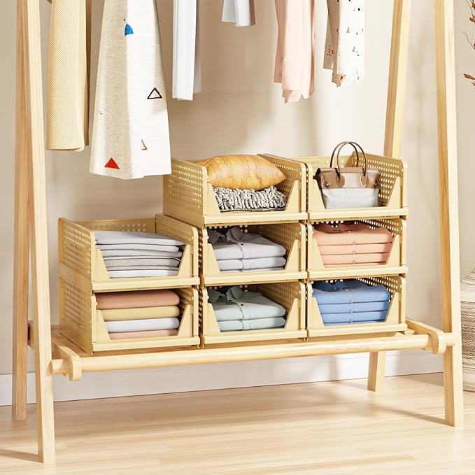 5 Pack Stackable Closet Storage Basket - Stackable Storage Bins, Multifunctional & Foldable Closet Organizer, Wardrobe Cupboard Space-Saving Hat Storage Drawer Organizer, Yellow