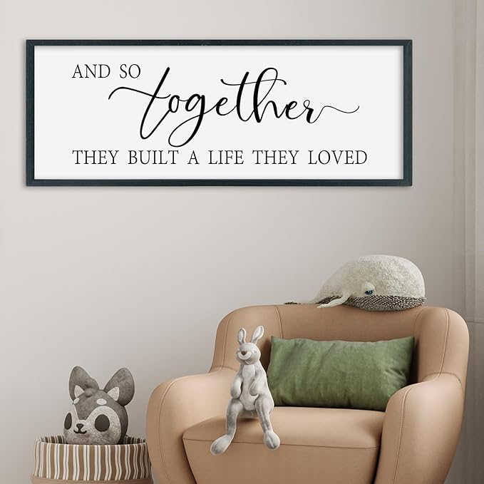SRSZHIYUE And So Together They Built A Life They Loved Above Bed Sign Wall Decor Art 32"×12" for Master Bedroom Over Bed Large Wood Framed Wall Hanging (Black)