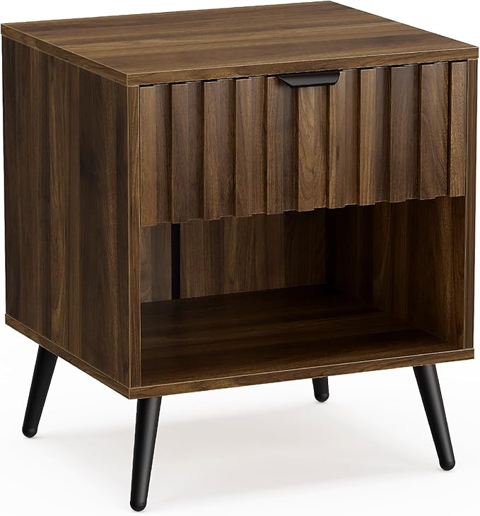 Smuxee Walnut Wooden Night Stand, Mid Century Nightstand with Fluted Drawer, Bedside Table with Open Shelf, Modern End Side Table for Bedroom