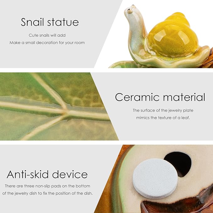 Jewelry Tray Snail Trinket Organizer Ceramic Leaf Tray Decorative Desk Storage Plate for Rings Earrings Necklaces Watch Coins Keys, Snail Soap Dish Holder, Key Bowl, Candy Dish (Green)