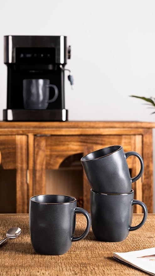 famiware Coffee Mugs Set of 4, Ocean Square 13oz Coffee Cup Set with Handle for Cocoa, Milk, Hot Chocolate, Tea, Water, Stoneware Cups for Kitchen, Microwave and Dishwasher Safe, Matte Black