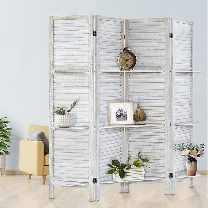 Room Divider with Shelves, Privacy Screen, Room Dividers and Folding Privacy Screens, 4 Panel Wood Temporary Wall Partition Separation Separator, Coconut