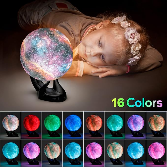 BRIGHTWORLD 7.1inch Galaxy Lamp 16 Colors Moon Lamp 3D Printing, Remote & Touch Control USB Rechargeable, Birthday Gifts for Women Room Decor Aestheticļ¼Black Hand Baseļ¼