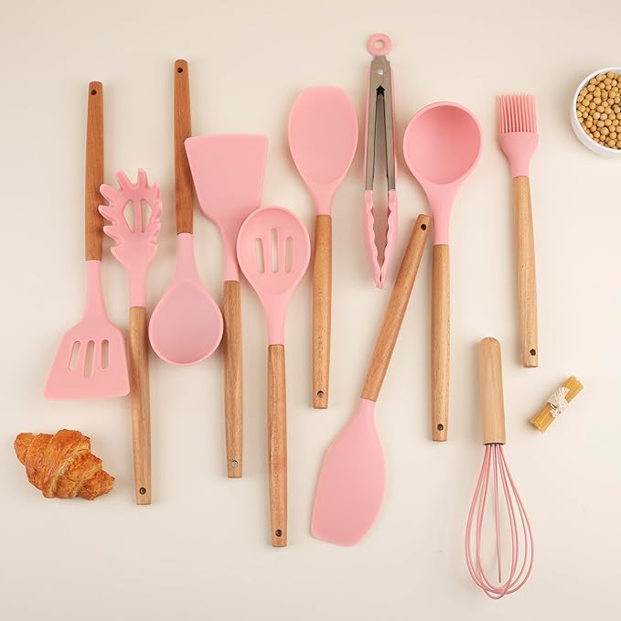 Silicone Cooking Utensils Set, Premium Beech Wood Handle Kitchen Gadgets Utensil Set, Non-Stick Kitchen Utensils Spatula, Tongs, Turner, Whisk, Brush, Spoon, BPA FREE, 446°F Resistant (Pink)