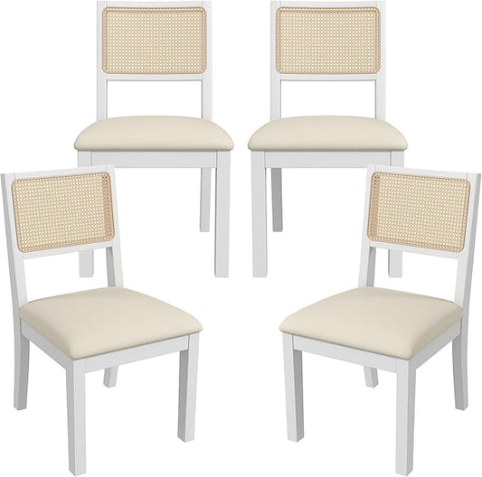 Westice Rattan Dining Chairs Set of 4, Farmhouse Natural Dining Room Chairs with Upholstered Cushion, Wood Armless Chairs for Kitchen/Restaurant, White