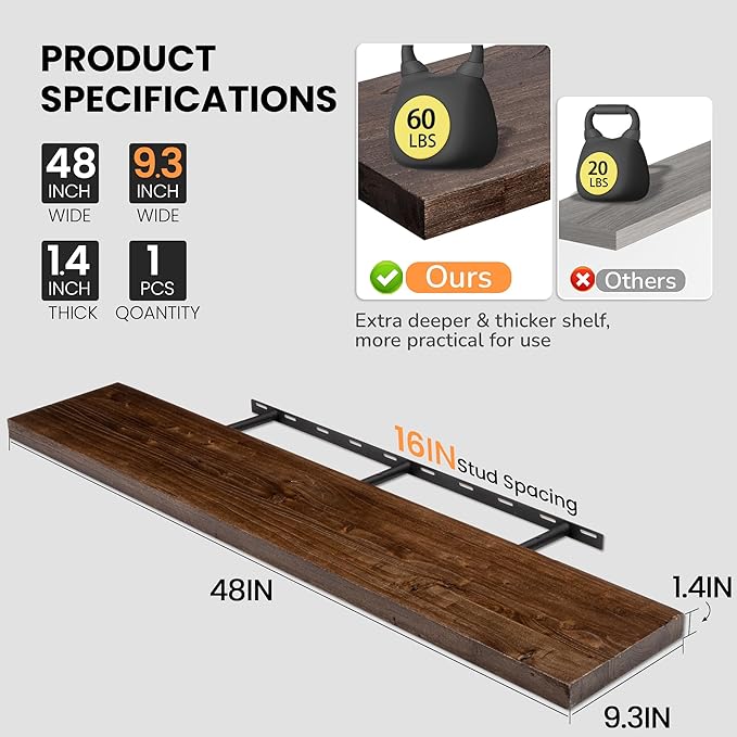 Fun Memories Floating Shelves for Wall, 48"x9.3" Rustic Solid Elm Wood Wall Shelves, Heavy-Duty Mounted Shelves with Invisible Brackets, Set of 2 for Living Room, Bedroom, Kitchen, Walnut Finish