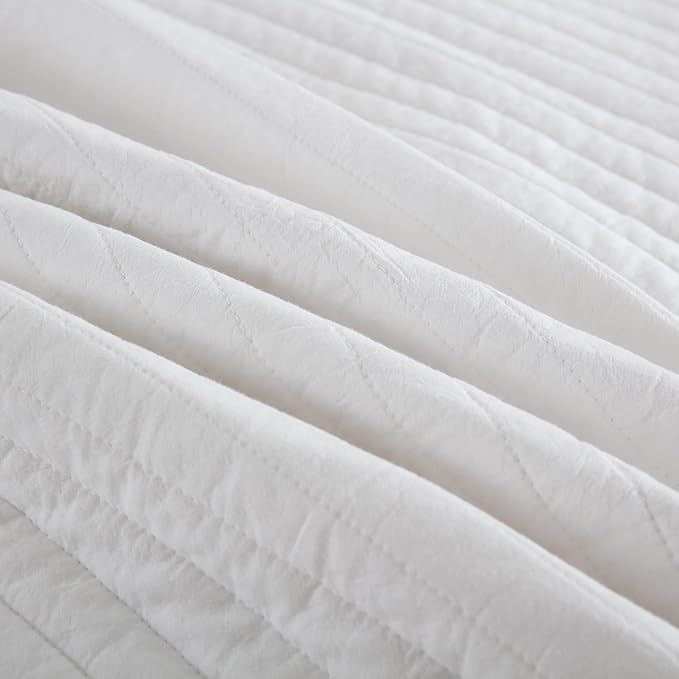 MarCielo 3-Piece 100% Cotton White Striped Quilt Set with Botanical Edge Embroidery TC(Sakura White,Queen (98" X 90"))